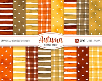Watercolor Autumn Digital Paper Pack Cozy Fall Seamless Pattern Polka dot Printable Scrapbooking Paper Gingham background Stripes texture