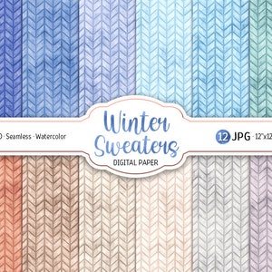Winter Pullover Digital Paper Pack gemütlicher Winter stricken nahtlose Muster Aquarell druckbare Scrapbooking Papier Schnee Hintergrund Wolle Textur