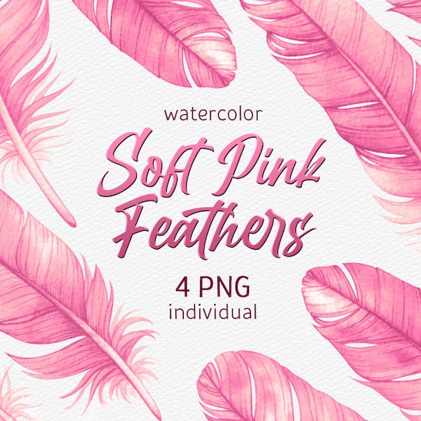 Watercolor Pink Feather Clipart Exotic Boho Hand painted Bohemian clip art Digital Scrapbooking set Baby shower PNG commercial use