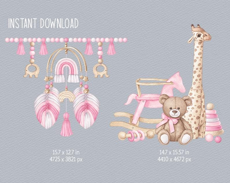 Baby Girl Watercolor Clipart Boho Nursery PNG Pink Baby Shower Clipart ...