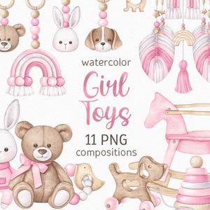 Bebê Menina Aquarela Clipart Boho Berçário PNG Rosa Chá de Bebê Clipart Pintado à Mão Desenhos Bonitos Crianças Aniversário Brinquedos de Madeira Convite Recém-nascido