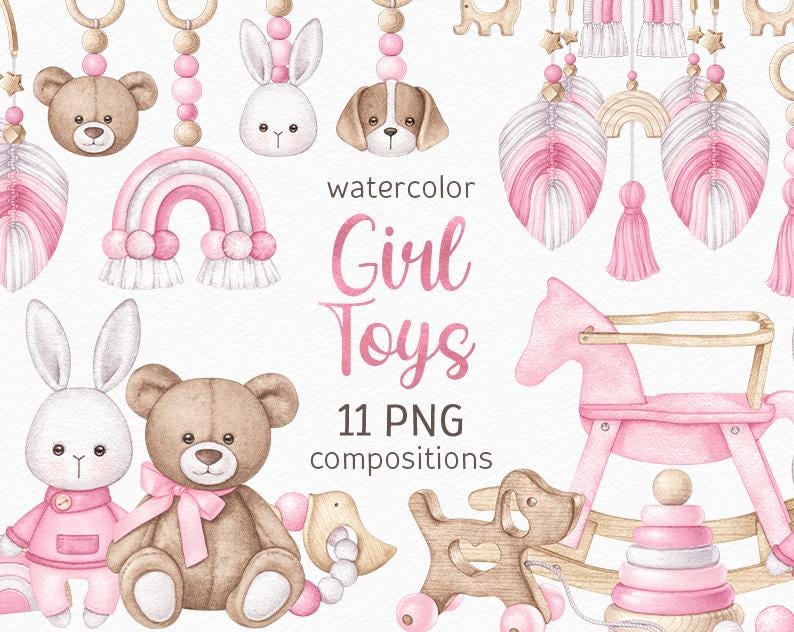 Baby Girl Watercolor Clipart Boho Nursery PNG Pink Baby Shower Clipart ...