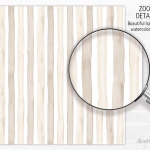 May include: Watercolor design with vertical stripes in beige and white. The image includes a magnifying glass with the text "ZOOM DETAILS" and "Beautiful handdrawn watercolor design". The artist's signature "AnielAKart" is in the bottom right corner.