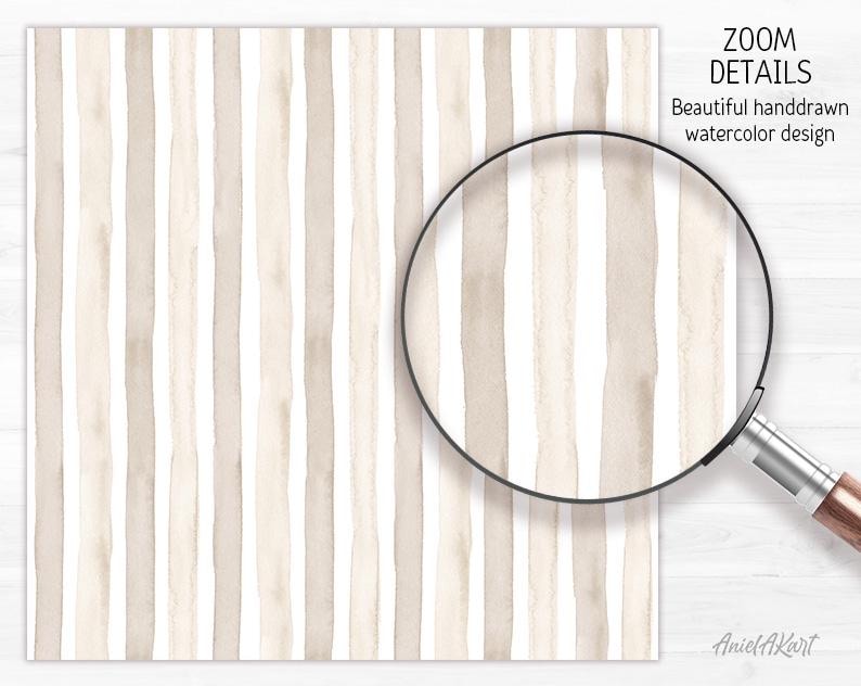 May include: Watercolor design with vertical stripes in beige and white. The image includes a magnifying glass with the text "ZOOM DETAILS" and "Beautiful handdrawn watercolor design". The artist's signature "AnielAKart" is in the bottom right corner.