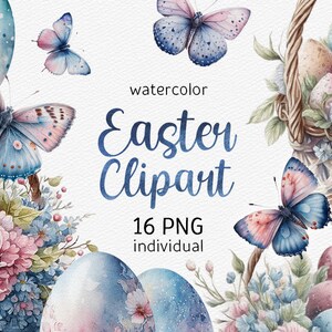 Pacchetto di clipart di Pasqua ad acquerello, clipart di primavera PNG, clip art di uova di uccello del cestino Farfalla blu e rosa, download digitale, uso commerciale