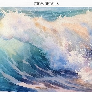 May include: A watercolor painting of a large ocean wave crashing. The wave is a mix of blue, green, and white colors. The water is foamy and turbulent.