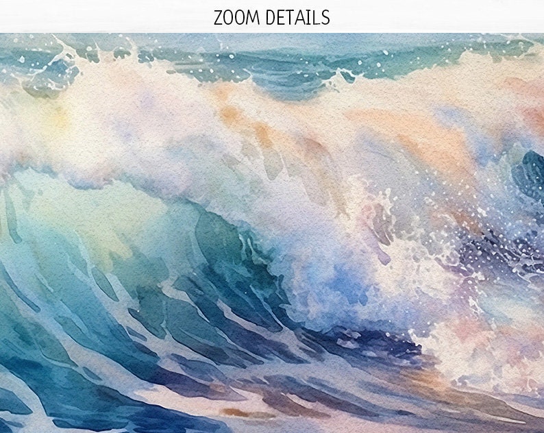 May include: A watercolor painting of a large ocean wave crashing. The wave is a mix of blue, green, and white colors. The water is foamy and turbulent.