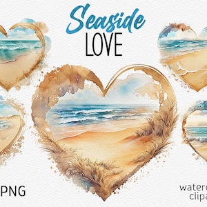 Aquarela Seaside Love Clipart Pack Mar Ondas Praia PNG Estética Aconchegante Seascape PNG Férias de Verão PNG Praia Coração Oceano Download instantâneo