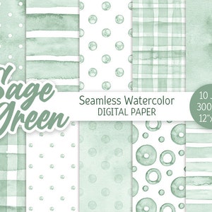 Sage Green Seamless Pattern Acquerello Pois Digital Paper Pack Stampabile Sfondo matrimonio Strisce Baby shower texture