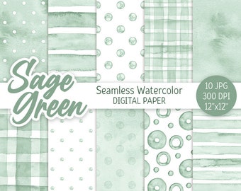 Sage Green Seamless Pattern Watercolor Polka Dot Digital Paper Pack Printable Wedding background Watercolor Stripes Baby shower texture