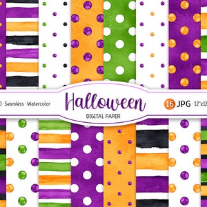 Halloween Digital Paper Pack Acquerello Polka Dot Seamless Pattern Stampabile Scrapbooking Carta Acquerello Strisce Sfondo arredamento autunnale