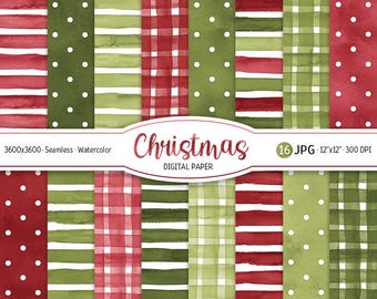 May include: A collection of 16 digital Christmas paper designs. The patterns include red and white stripes, green polka dots, red plaid, and green watercolor stripes. The image includes the text "Christmas Digital Paper".