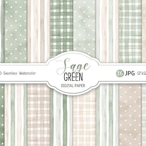 May include: A collection of digital papers with various patterns in sage green and beige. Designs include polka dots, stripes, and gingham checks. The text on the image reads "Sage Green Digital Paper" and includes the dimensions and file type.