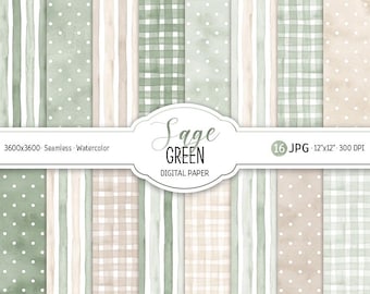 Digitalt papperspaket med salviagrönt akvarellränder, sömlösa mönster, boho bröllop, scrapbookingpapper, ginghamtryck, prickar, neutral babyshower