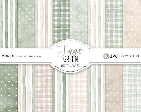 Sage Green Digital Paper Pack Watercolor Stripes Seamless Patterns Boho Wedding Scrapbook Paper Gingham Print Polka Dots Neutral Baby Shower