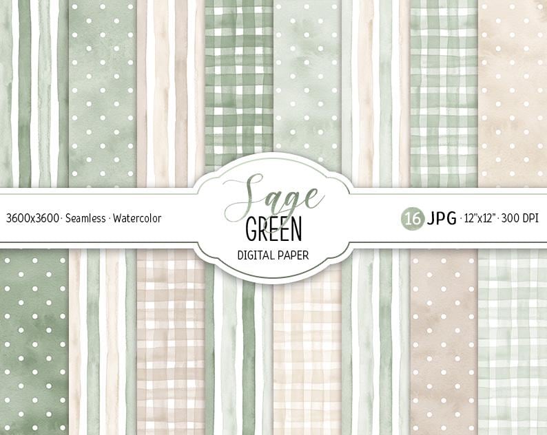 May include: A collection of digital papers with various patterns in sage green and beige. Designs include polka dots, stripes, and gingham checks. The text on the image reads "Sage Green Digital Paper" and includes the dimensions and file type.