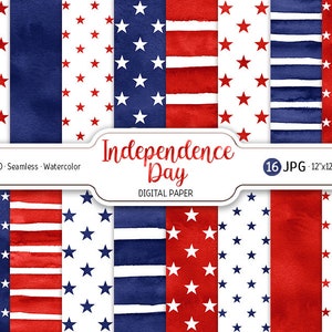 Pacchetto di carta digitale per il giorno dell'indipendenza Stelle acquerello senza cuciture strisce rosse blu carta stampabile per scrapbooking 4 luglio patriottico