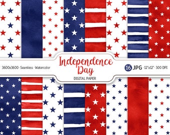 Independence Day Digital Paper Pack Watercolor Stars Seamless Pattern Blue Red Stripes Printable Scrapbooking Paper Patriotic 4th of July