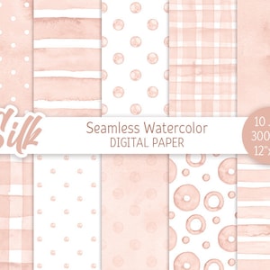 Seta Beige Senza cuciture Motivo ad acquerello Pois Rosa Beige Digital Paper Pack Stampabile Scrapbooking Carta Acquerello Strisce Sfondo