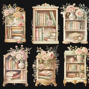 Watercolor Rose Bookcase Clipart Bundle Light Academia PNG Bookshelf ...