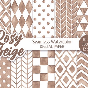 Op de afbeelding: Tien digitale papierontwerpen in een roze beige kleurenschema. De patronen omvatten geometrische vormen, stippen en chevronstrepen. Elk ontwerp is 30,48 cm bij 30,48 cm en 300 DPI.