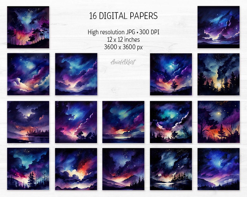 Night Sky Digital Paper Pack Watercolor Clouds Printable Scrapbooking ...
