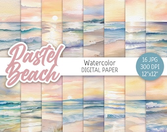 Watercolor Pastel Beach Digital Paper Pack Sunset Seascape Printable Scrapbooking Paper Wedding background Ocean Waves art digital download