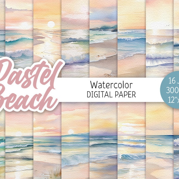 Watercolor Pastel Beach Digital Paper Pack Sunset Seascape Printable Scrapbooking Paper Wedding background Ocean Waves art digital download