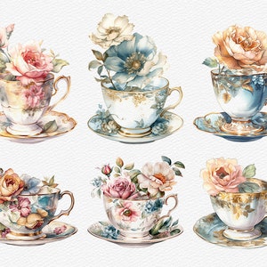 May include: Six watercolor illustrations of teacups with floral arrangements. Each teacup is decorated with gold trim and features a different floral design. The teacups are set on saucers with matching floral patterns.