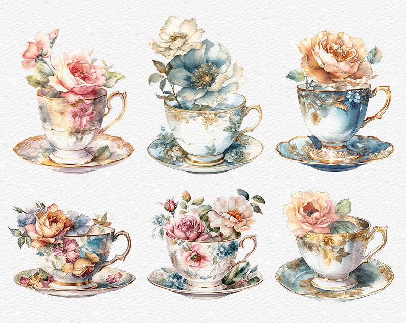 May include: Six watercolor illustrations of teacups with floral arrangements. Each teacup is decorated with gold trim and features a different floral design. The teacups are set on saucers with matching floral patterns.