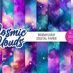 Cosmic Clouds Digital Paper Pack Watercolor Galaxy Night Printable Scrapbooking Paper Space Sky Celestial background Invitations commercial