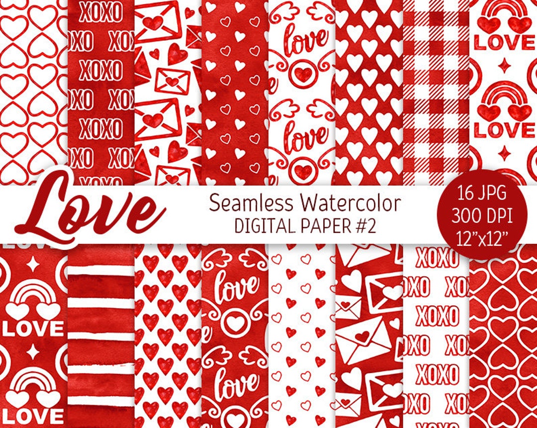 Red & White Valentine Day Digital Paper Pack Watercolor Love Seamless ...