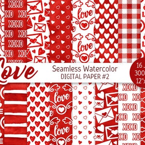Rood &wit Valentijnsdag Digitaal Papier Pack Aquarel Liefde naadloos patroon Hart Afdrukbare Scrapbooking Papieren letter achtergrond xoxo 14