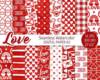 Red & White Valentine Day Digital Paper Pack Watercolor Love Seamless Pattern Heart Printable Scrapbooking Paper letter background xoxo 14