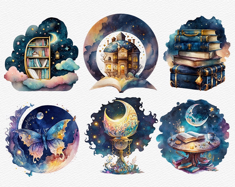 Watercolor Moon Bookworm Clipart Bundle Magic Book PNG Bookshelf Book ...