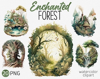 Watercolor Enchanted Forest Clipart Fairy Forest PNG Bundle Magic Fantasy Clip Art Mystical Forest Landscape Instant Download Commercial use