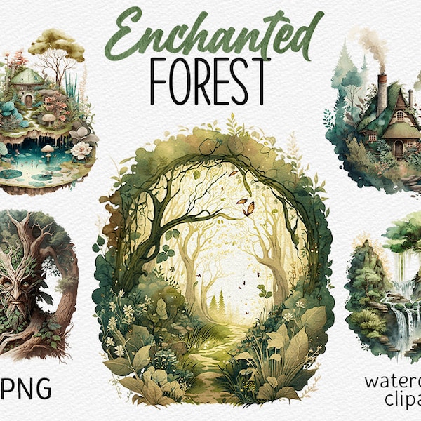 Watercolor Enchanted Forest Clipart Fairy Forest PNG Bundle Magic Fantasy Clip Art Mystical Forest Landscape Instant Download Commercial use