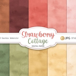 May include: A digital paper pack featuring ten watercolor designs in various colors, including shades of brown, red, pink, green, and yellow. The image includes the text "Strawberry Cottage DIGITAL PAPER" and details about the file size and resolution.