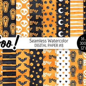Orange Black Halloween Digital Paper Pack Watercolor Seamless Pattern Printable Scrapbook Paper Spooky Boo Ghost Pumpkin Skull background