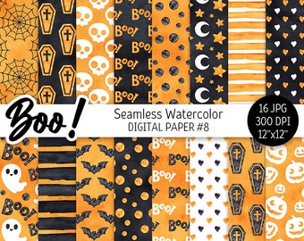 Orange Black Halloween Digital Paper Pack Watercolor Seamless Pattern Printable Scrapbook Paper Spooky Boo Ghost Pumpkin Skull background