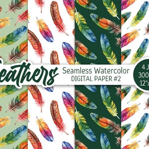 Plume colorée Aquarelle Digital Paper Pack Arc-en-ciel Exotique Boho Sans couture Motif Boho Fond imprimable Party boho texture de plume