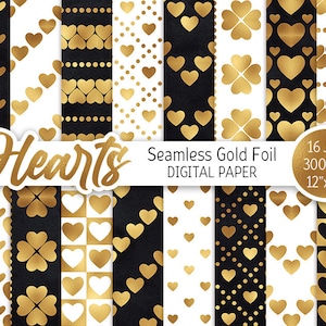 Schwarz Gold & Weiß Digital Paper Pack Glam Valentinstag Hintergrund Goldfolie Herzen Druckbares Papier Liebe Nahtloses Muster Gold Hochzeit Muster