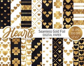 Svart guld & vitt digitalt papperspaket Glam Alla hjärtans dag-bakgrund Guldfolie hjärtan Utskrivbart papper Kärlek Seamless mönster Guld bröllopsmönster