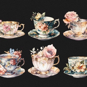 May include: Six teacups and saucers with floral designs. Each cup and saucer features a different floral pattern with delicate details. The cups are white with gold accents and the saucers are white with gold and floral accents.