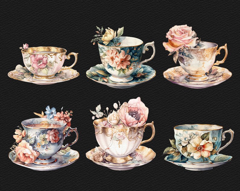 May include: Six teacups and saucers with floral designs. Each cup and saucer features a different floral pattern with delicate details. The cups are white with gold accents and the saucers are white with gold and floral accents.