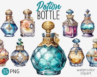 Bottiglie di pozione dell'acquerello Clipart Pozione magica Pacchetto PNG Stregoneria ClipArt Bottiglia d'epoca Illustrazione Download istantaneo Uso commerciale
