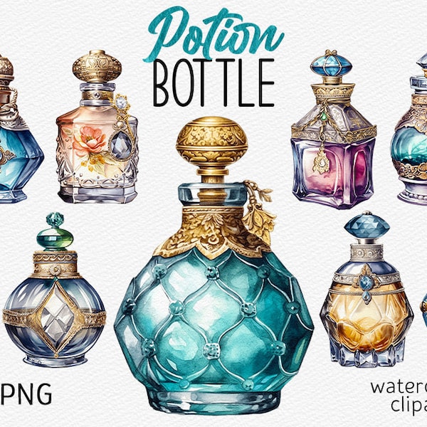 Watercolor Potion Bottles Clipart Magic Potion PNG Bundle Witchcraft Clip Art Vintage Bottle Illustration Instant Download Commercial use