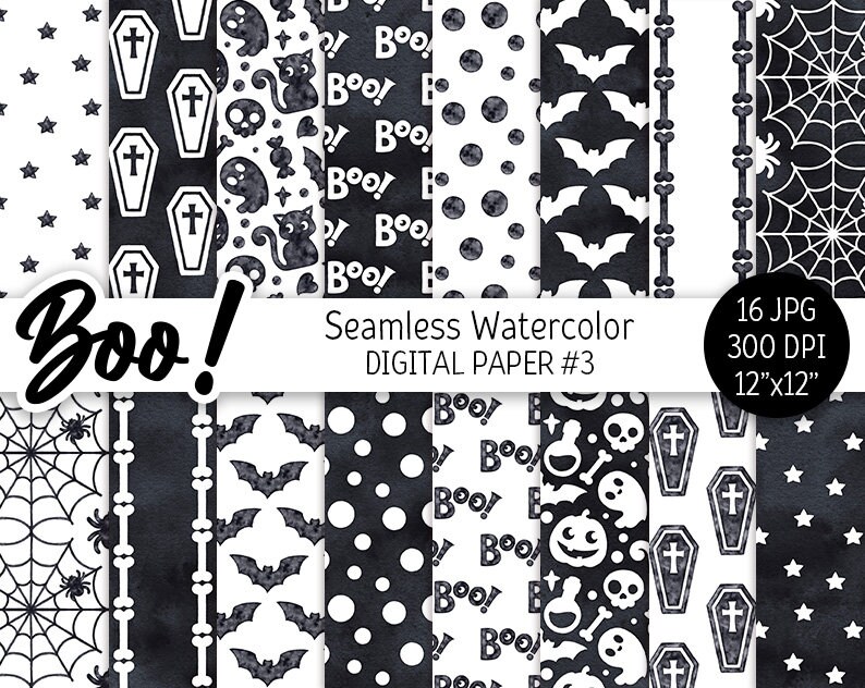 Black & White Halloween Digital Paper Pack Watercolor Seamless Pattern ...
