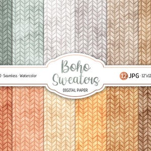 Pacchetto di carta digitale per maglioni Boho, motivo Boho senza cuciture, motivo Boho terroso neutro, acquerello, accogliente, carta da scrapbooking stampabile, sfondo Boho