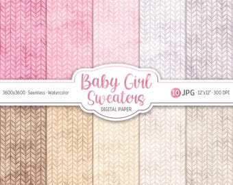 Baby Girl Sweater Digital Paper Pack Watercolor Blush Pink Pastel Seamless Pattern Cozy Knit Printable Scrapbooking Paper Newborn background
